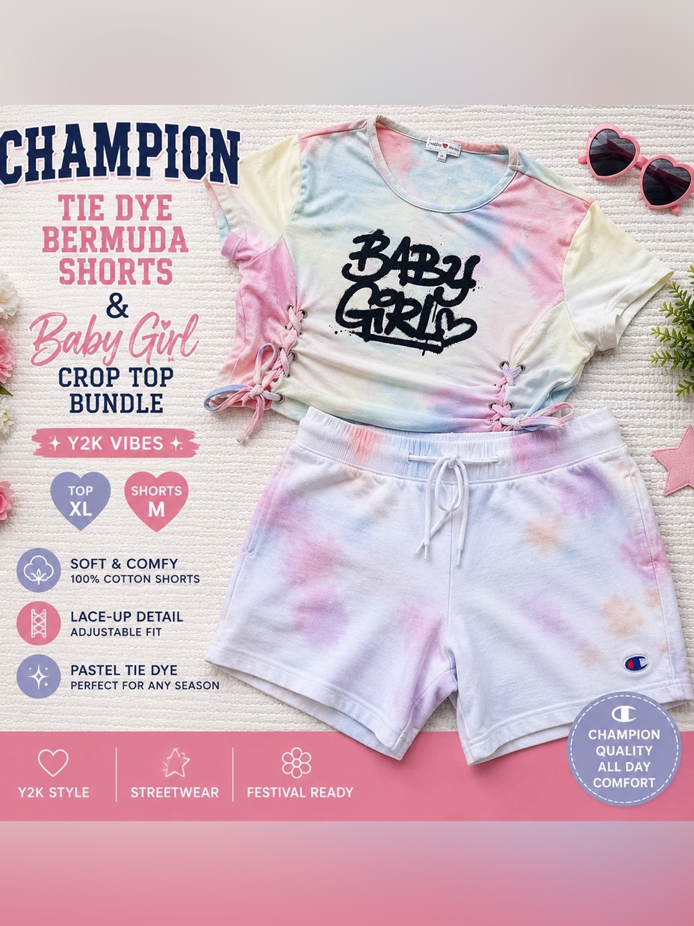 Champion Tie Dye Bermuda Shorts & Baby Girl Crop Top Bundle M/XL